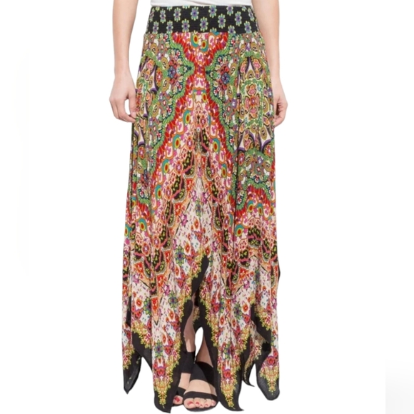 Bohemian multi colored mandala print asymmetrical midi broom skirt - Picture 1 of 10